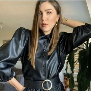 Zara Black Faux Leather Balloon Puff Sleeve Shirt